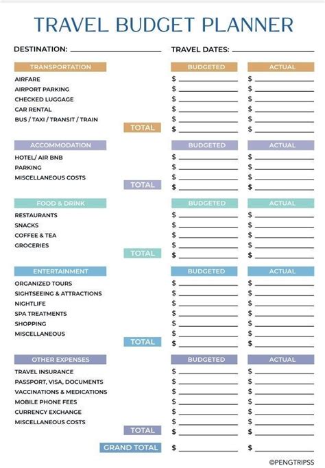 the travel budget planner is shown in blue, orange and green colors ...