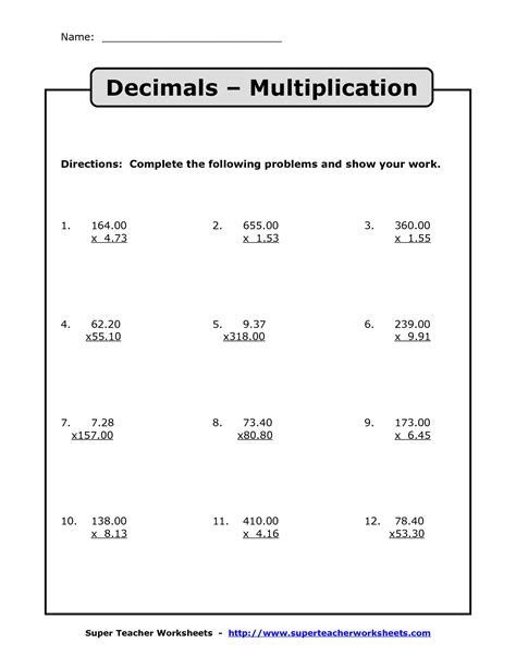 Decimal Multiply Worksheets