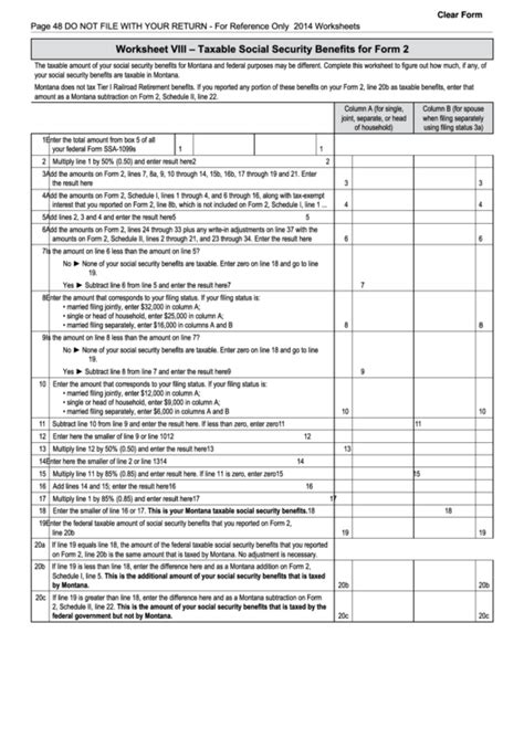 Fillable Worksheet Viii - Taxable Social Security Benefits For Form 2 ...