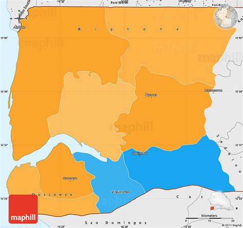 Political Simple Map of Ziguinchor, single color outside, borders and ...