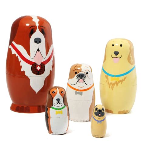 Russian Wooden Nesting Dolls Dogs Matryoshka Hand Painted Gift 5pcs Set | Alexnld.com