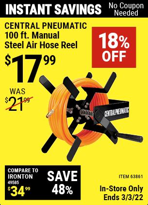 CENTRAL PNEUMATIC 100 Ft. Manual Steel Air Hose Reel for $17.99 – Harbor Freight Coupons