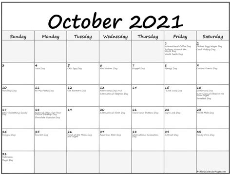 Collection of October 2021 calendars with holidays