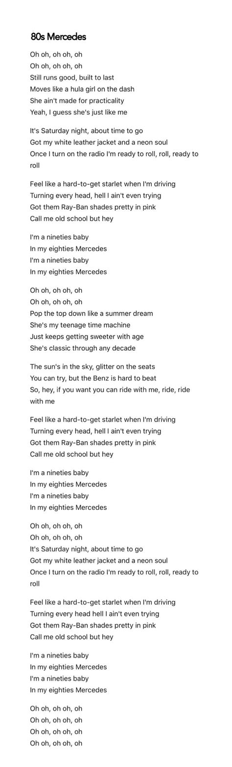 Lyrics for 80s Mercedes by Maren Morris . . . 80s Mercedes, Maren ...