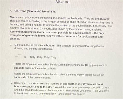 Solved A. Cis-Trans (Geometric) Isomerism. Alkenes are | Chegg.com