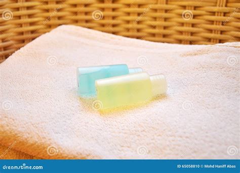 Hotel Toilet Amenities on the Towel Stock Photo - Image of wash, healthy: 65058810