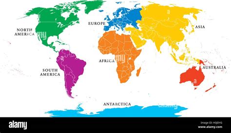 Seven continents map with national borders. Asia, Africa, North and South America, Antarctica ...