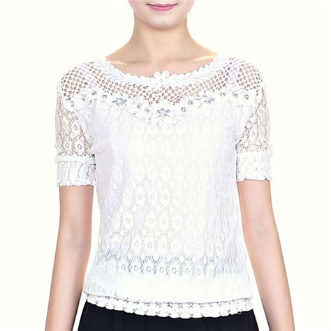 Beautiful lace blouses 2015 summer women Short sleeved shirts small Embroidery chiffon white ...