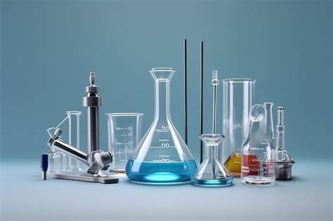 Premium AI Image | A chemistry lab with beakers and beakers and a blue liquid.