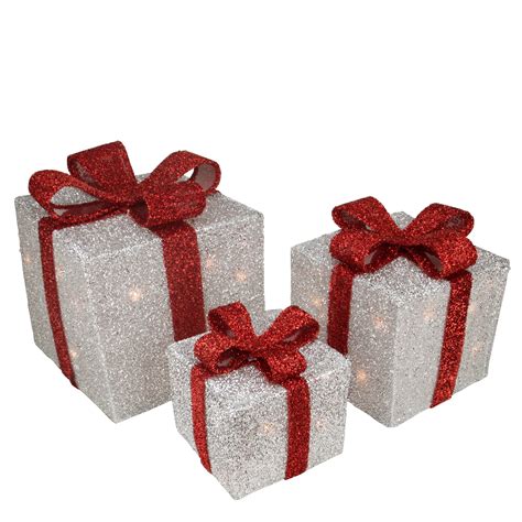 Set of 3 Silver Tinsel Lighted Gift Boxes with Red Bows Outdoor Christmas Decorations - Walmart ...