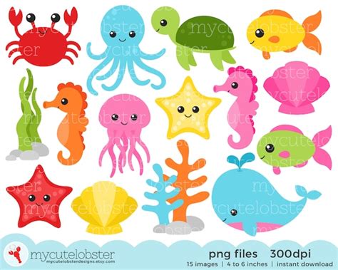 INSTANT DOWNLOAD clipart Cute Under the Sea Animals Fish Turtle Seahorse Crab Octopus Shell ...