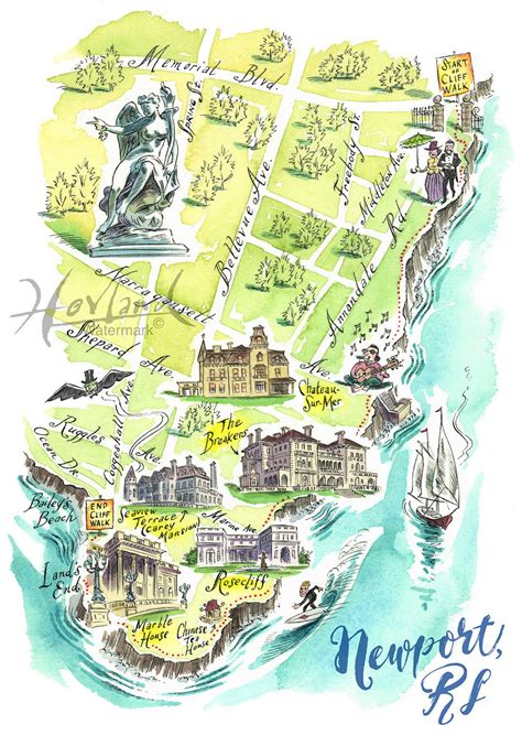 Newport Rhode Island Print, Map of Newport Rhode Island, Illustrated ...