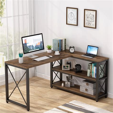 L Shaped Desk With Storage Shelves Corner Computer Desk Pc Laptop Study ...