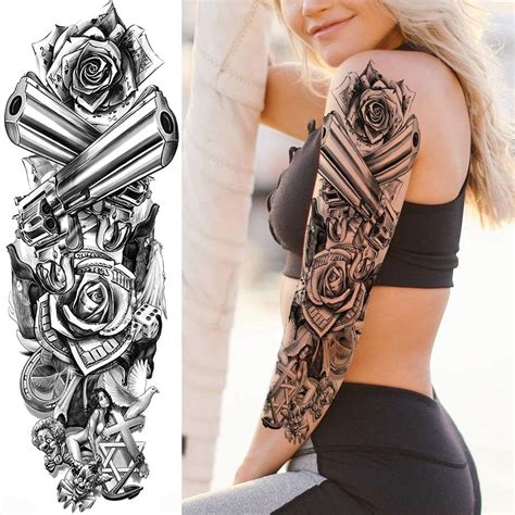 Full Sleeve Temporary Tattoo Gray Guns Tattoos Flower & Woman | Etsy