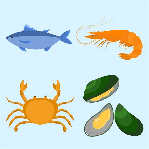 Seafood, Fish, Prawn, Shrimp, Shellfish, mussel, crab 25347514 Vector Art at Vecteezy