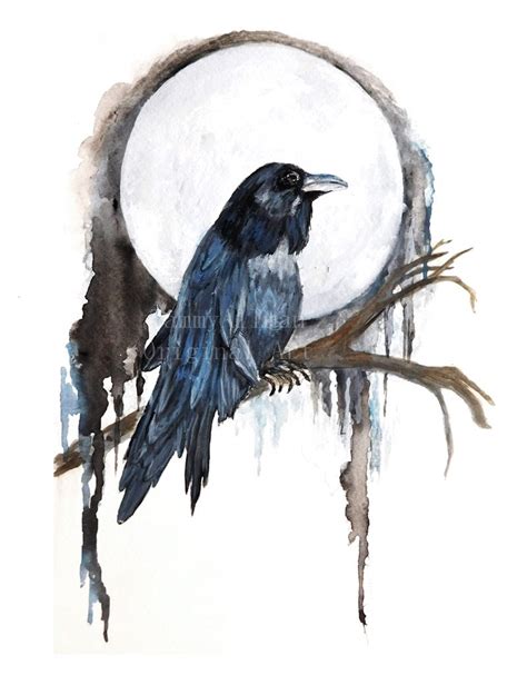 Raven Watercolor, "Blue Moon Raven", Crow Watercolor, Print of Original ...