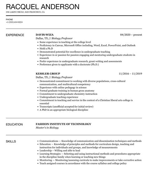 Biology Professor Resume Samples | Velvet Jobs