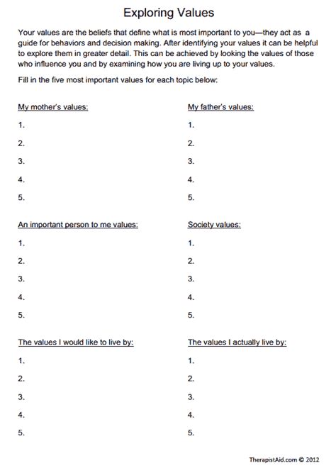 Exploring Values | Worksheet | Therapist Aid | Therapy worksheets, Counseling worksheets ...