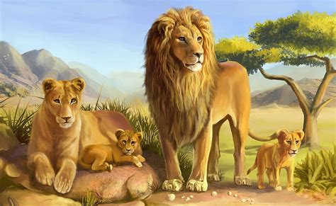 HD wallpaper: Lion Family, Lion animal photo, Artistic, Drawings, Wild ...