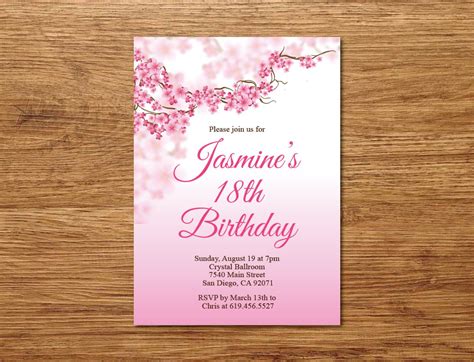 Any Age Pink Birthday Invite/18th Birthday Invitation/Printable Cherry Blossoms Birthday ...