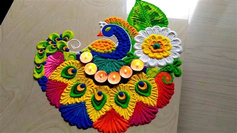 Easy & Attractive with Colorful Peacock Rangoli Designs - ArtsyCraftsyDad | Rangoli designs ...