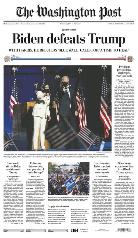 The front page of Sunday's Washington Post: "Biden defeats Trump" The Washington Post ...