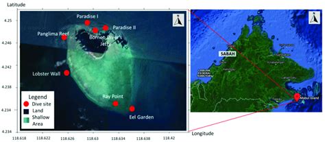 Map of Mabul Island indicating the dive sites where sea turtles were... | Download Scientific ...