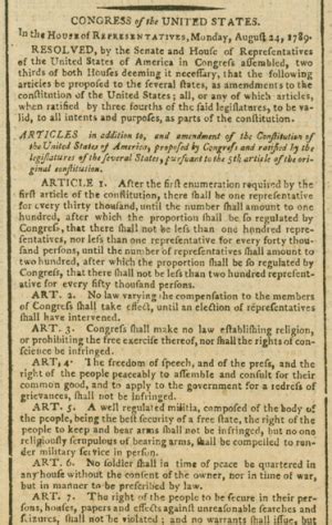 First Draft of the Bill of Rights: 17 Amendments Approved by the House ...