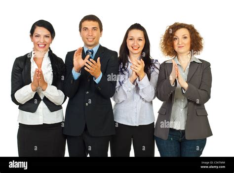 Clapping happy business people standing in a row isolated on white background Stock Photo - Alamy