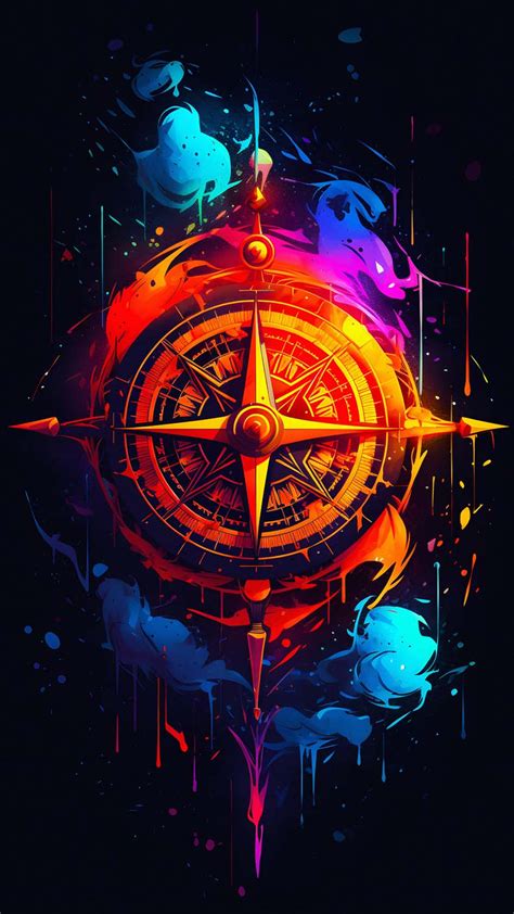 a colorful compass with paint splatters on it