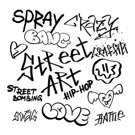 Street black graffiti lettering elements in the grunge style with tags a white background ...