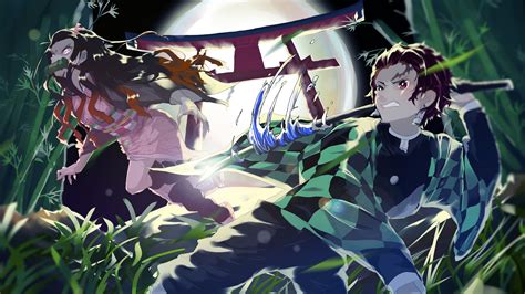 Demon Slayer Nezuko Kamado Tanjirou Kamado With Sword Around Green Plants With Background Of ...