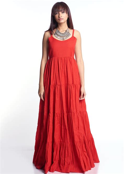 Get Red Full Length Tiered Sleeveless Cotton Gown at ₹ 3550 | LBB Shop