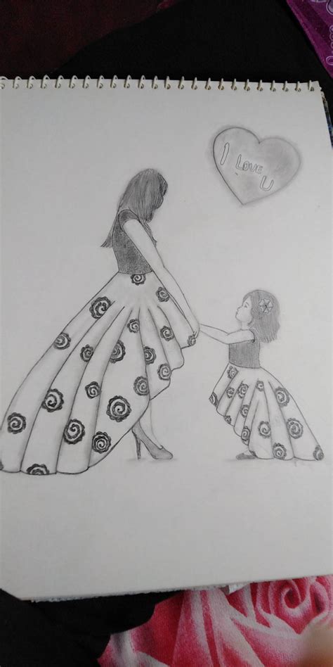 Pencil sketch of mother and daughter