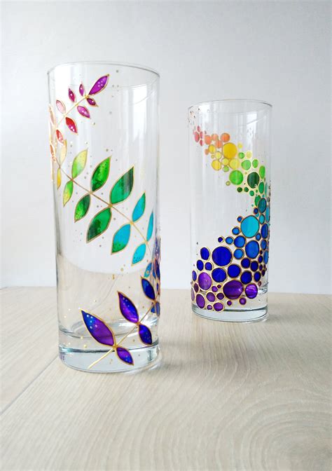 Rainbow Drinking Glasses Set of 2 Hand-painted Floral Colorful Tumblers, Custom Water Glasses ...