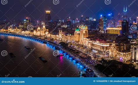 Aerial View Shanghai at Night the Bund, the Bund in Shanghai is a Famous Waterfront Area in ...