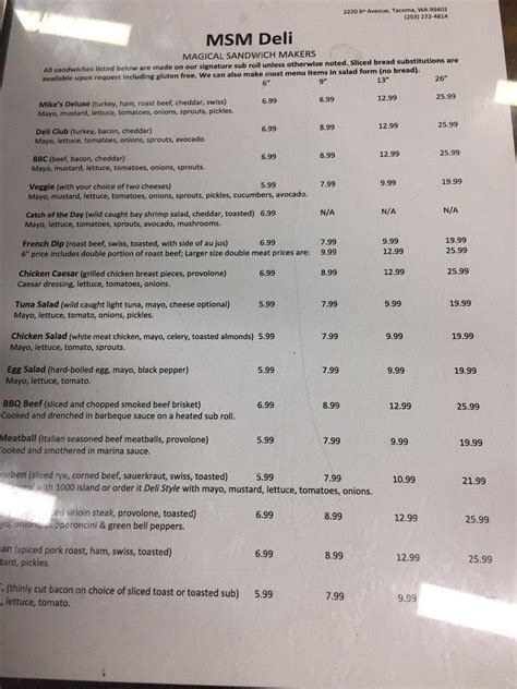 Menu at MSM Deli restaurant, Tacoma