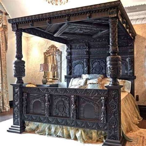 Old World Heavily Carved Gothic Black Canopy Bed