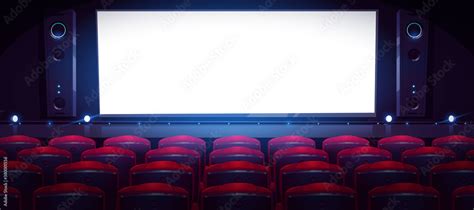 Movie theater, cinema hall with white screen and rows of red seats ...