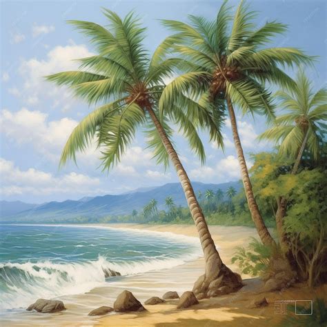 Premium AI Image | a painting of palm trees on a beach with the ocean ...