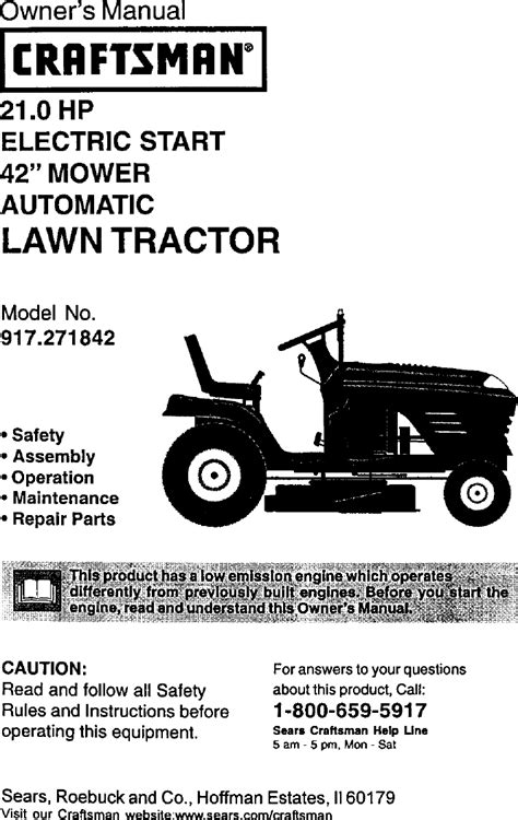 Craftsman 917271842 User Manual LAWN TRACTOR Manuals And Guides L0105110