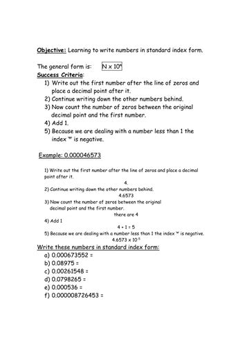 Standard Index Form Worksheet (BL) | Teaching Resources