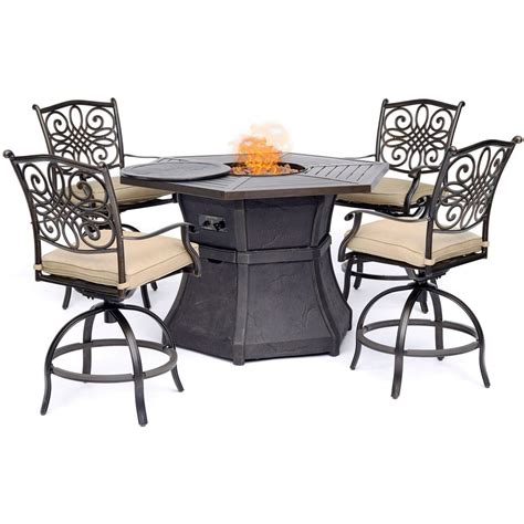 Hanover Traditions 5-Piece High-Dining Set in Tan with 4 Swivel Chairs and a 40,000 BTU Cast-top ...