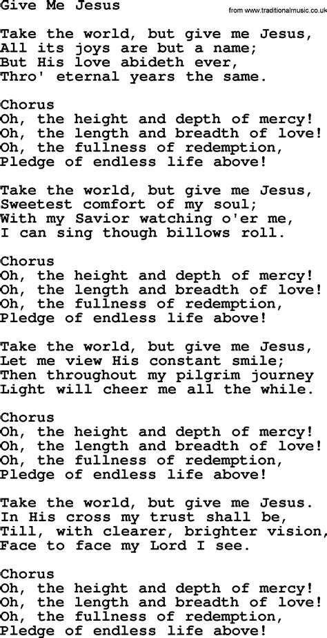 Baptist Hymnal, Christian Song: Give Me Jesus- lyrics with PDF for printing