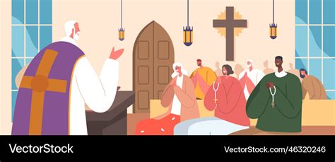 Catholic church with people gathered inside Vector Image