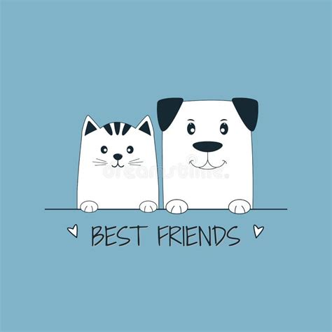 Face Cat And Dog Best Friends Blue Background. Stock Vector - Illustration of cartoon, kitten ...