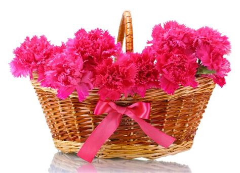 Premium Photo | Beautiful pink carnations in basket isolated on white