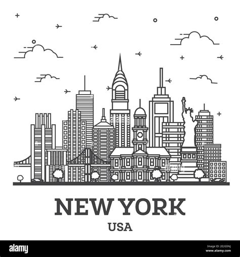 Outline New York USA City Skyline with Modern Buildings Isolated on White. Vector Illustration ...