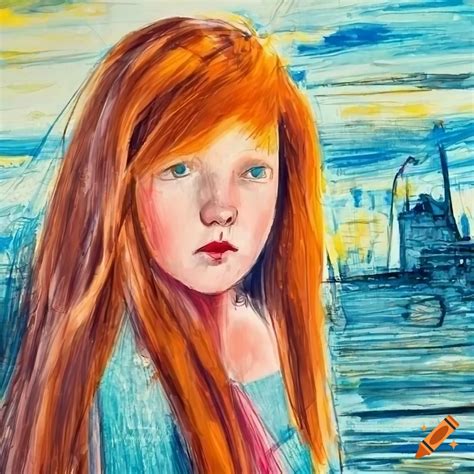 Crayon portrait of a young girl with red hair against an industrial background on Craiyon
