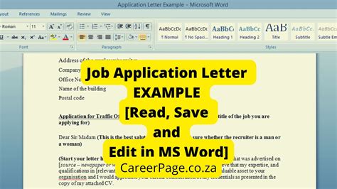 Job Application Letter Example [Read, Save and Edit in MS Word] - CareerPage.co.za